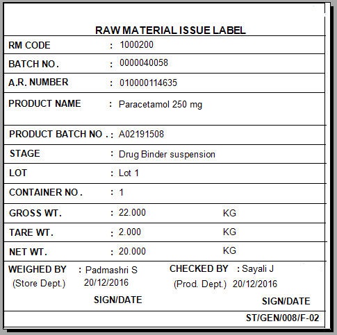 Sample of raw material issued label generated by automated dispensing system